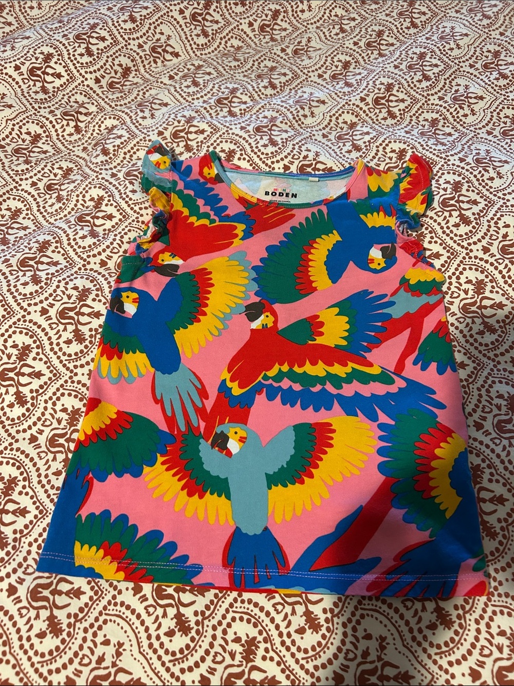 Mini Boden Multicolor Parrot Print Top in Pink, Blue, Green, Yellow